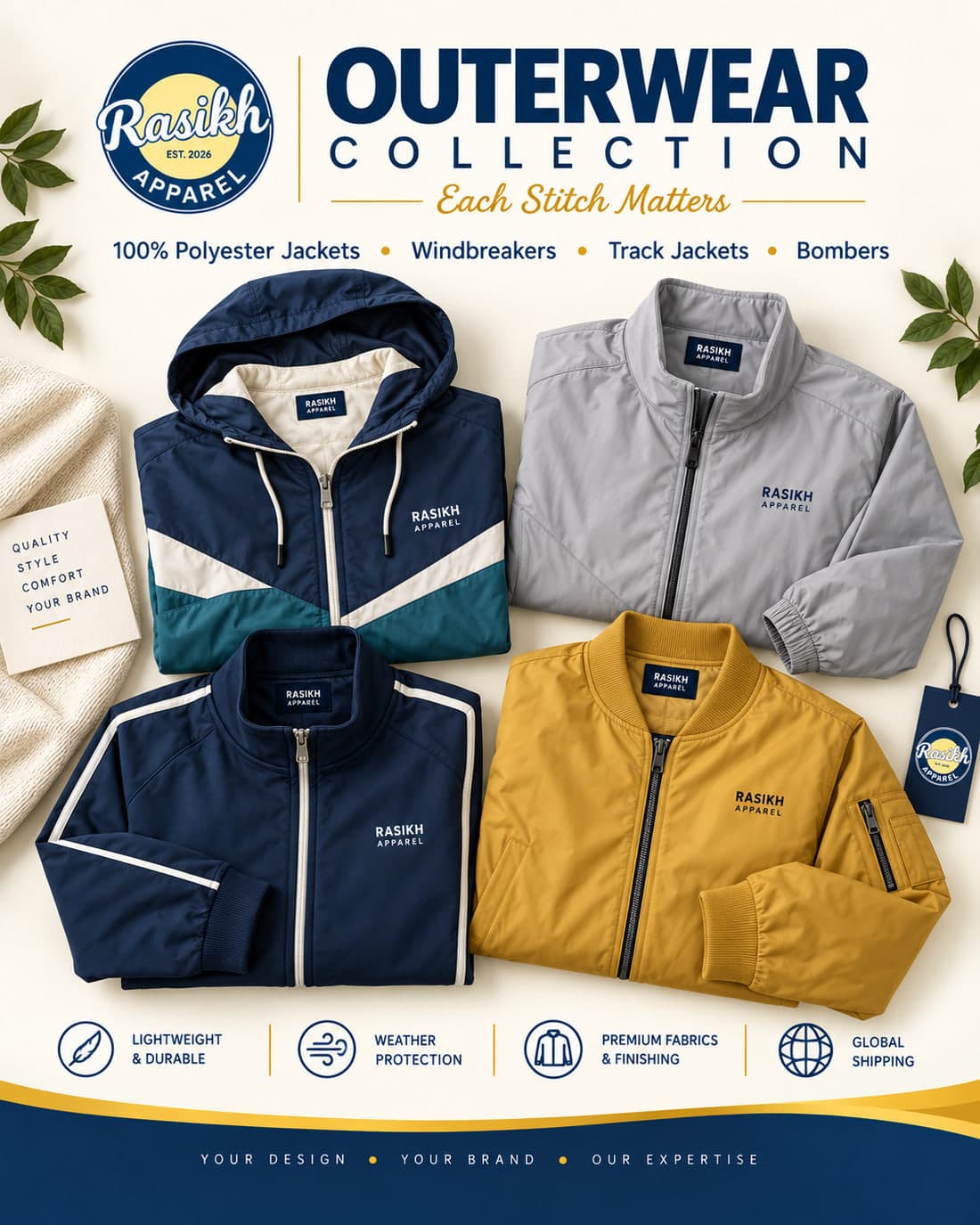 RASIKH Apparel outerwear collection: polyester jackets, windbreakers, track jackets and bombers in navy, grey and mustard