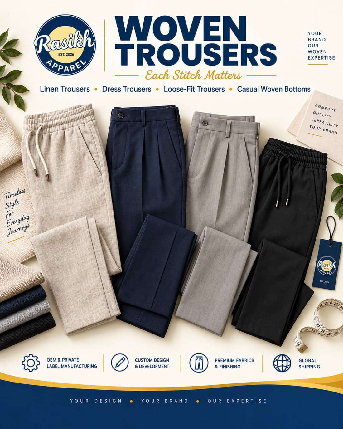 RASIKH Apparel woven trousers: linen, dress, loose-fit and casual woven bottoms folded in stone, navy and charcoal